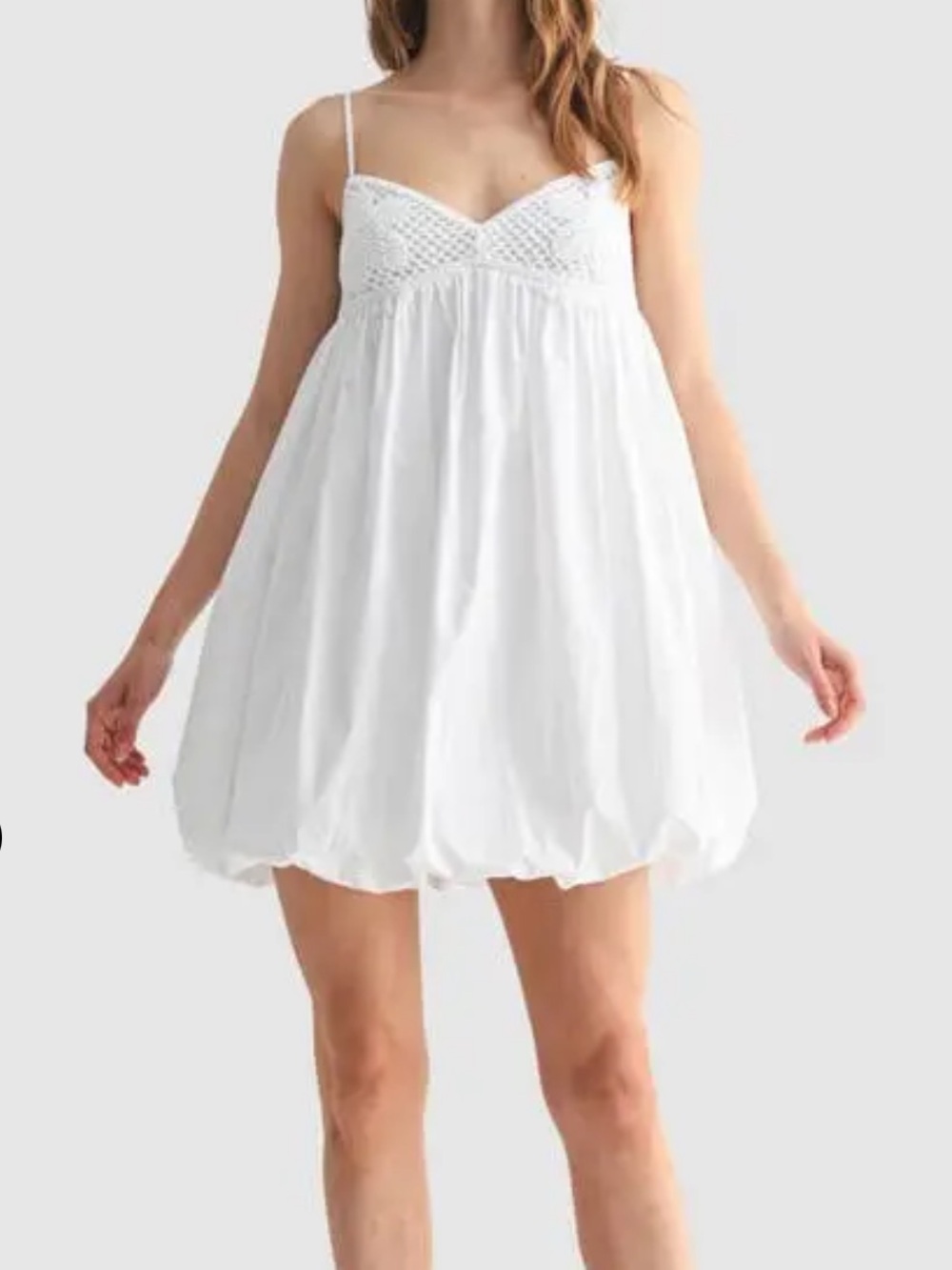 All in Favor Crochet and Bubble Hem Mini Dress Medium